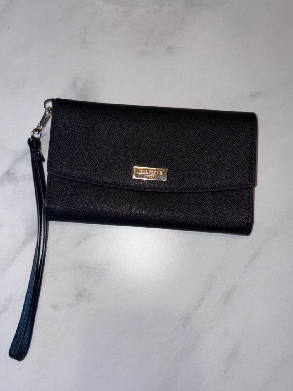 kate spade black wristlet clutch with gold plaque